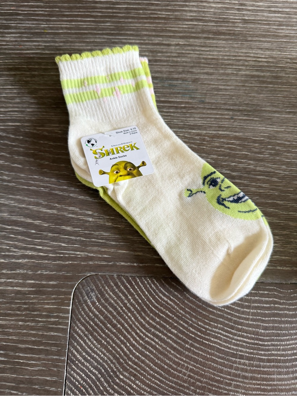 New 2 pairs of Shrek Crew Socks with Character Face and Lime Accents